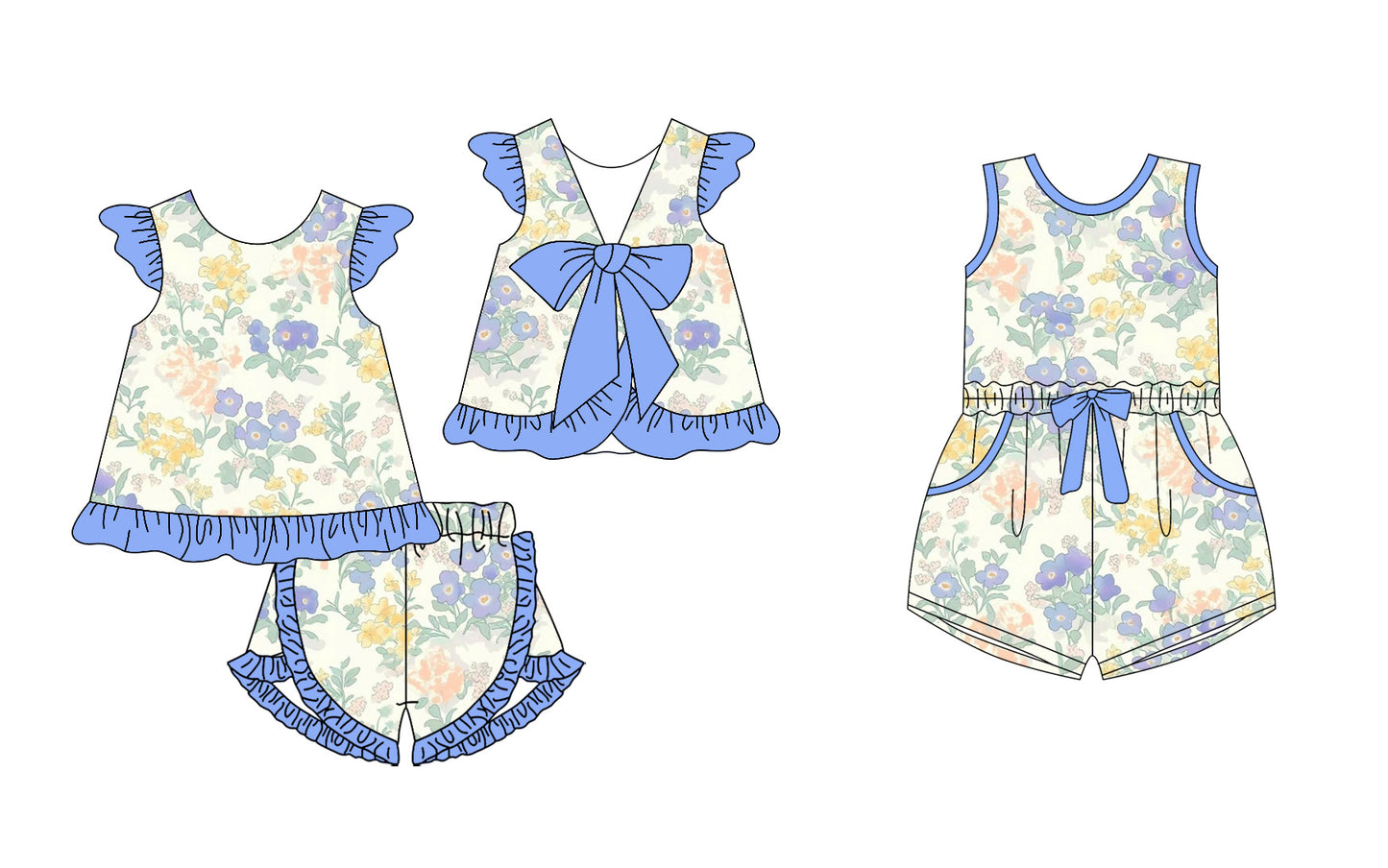 25.12.23 custom each style moq 5 eta 6-8week Sibling Sister floral baby short sleeve shorts sets and jumpsuit match design