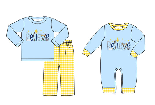 25.6.5 custom each style moq 5eta 4-6week Sibling Sisters Believe baby boy long sleeve pants sets and rompers match family design