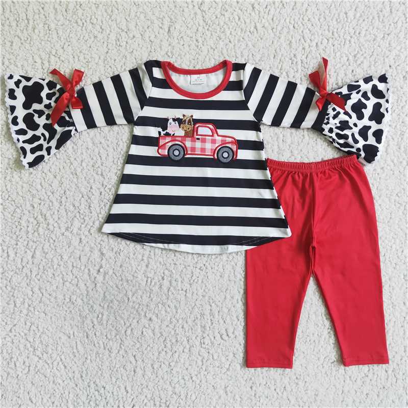 RTS NO MOQ（In Stock) GLP0031 Baby girl Toddler embroidery cow tractor Shirts plaid Pants Clothes Sets