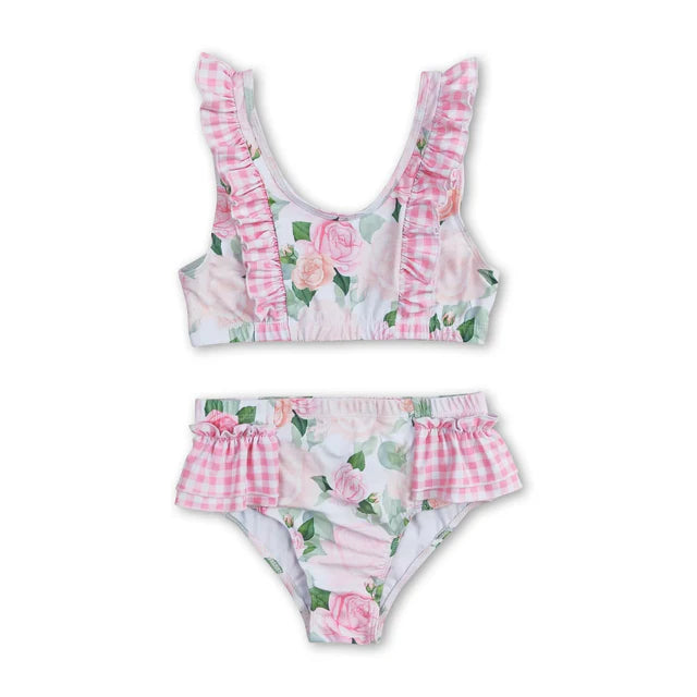RTS NO MOQ Sibling Baby Girls Summer Pink Flowers Top Ruffle Bottom Swimsuits