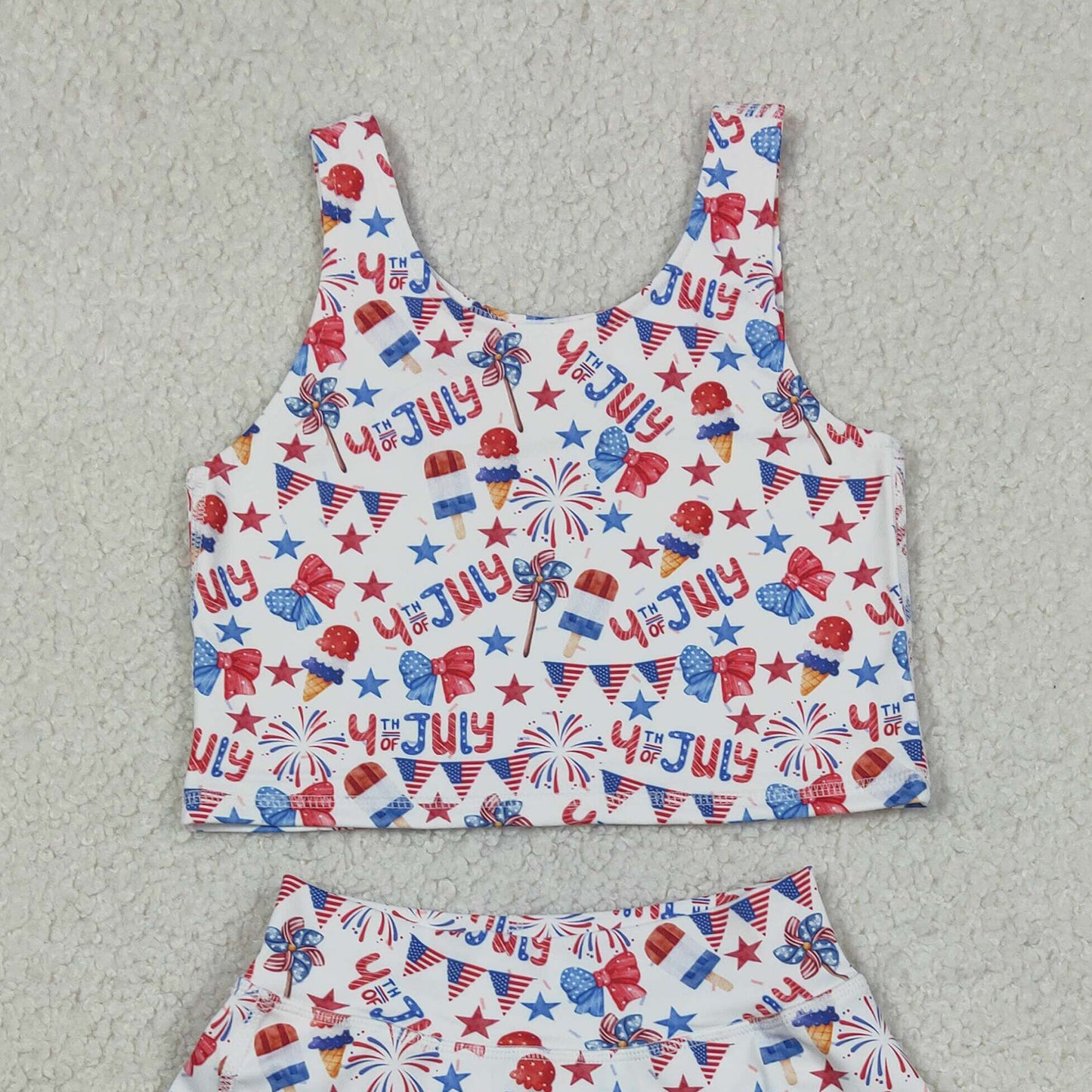RTS NO MOQ GSD3498 yoga fabric Baby Girls 4th of July Popsicle Star Bow Active Clothes Set