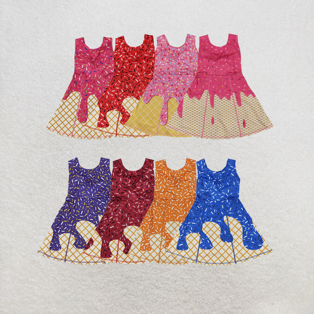RTS NO MOQ Sibling Baby Girls Ice-cream Drip Sprinkles Yoga Skort Knee Length Dresses