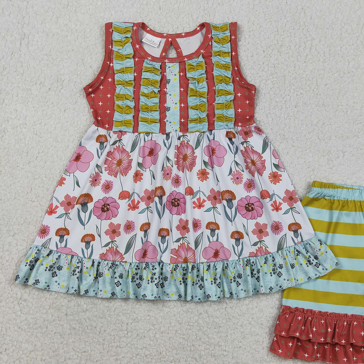 RTS NO MOQ GSSO3740 Baby Girls Sleeveless Tunic with Flowers Stripe Ruffle Short Clothes Set Cute Outfit for Little Girls（2T-10-12T）