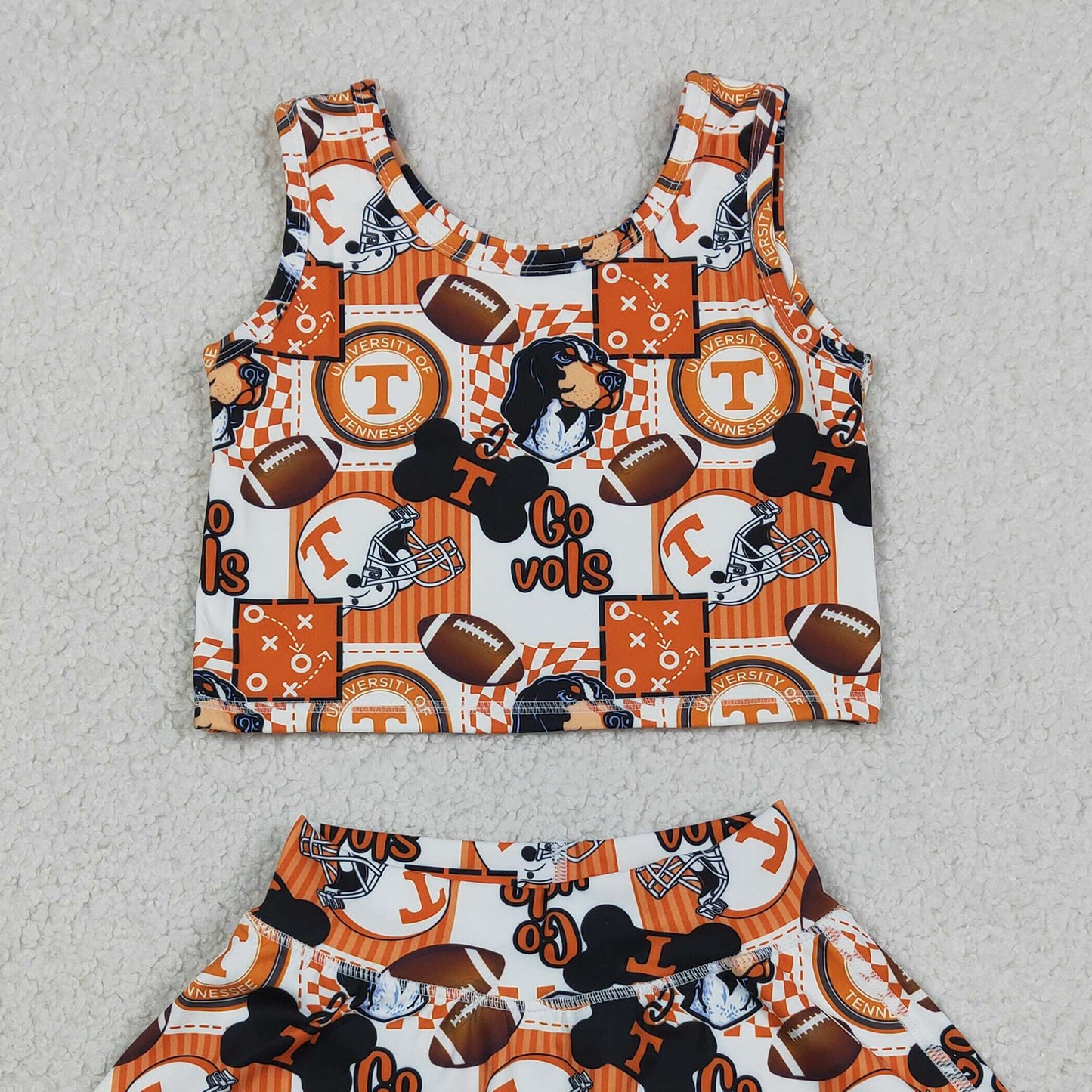 RTS NO MOQ yoga fabric GSD3613 Baby Girls Team Yoga Football Go Vols Vest And Ruffle Skirt