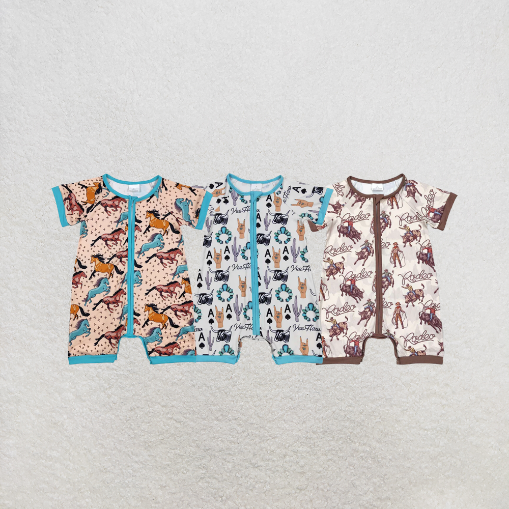 RTS NO MOQ Sibling Baby Boys Western Horse Short Sleeve Zip Rompers
