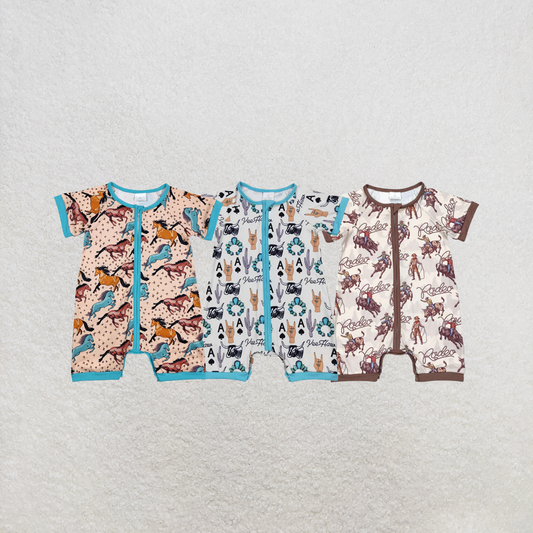RTS NO MOQ Sibling Baby Boys Western Horse Short Sleeve Zip Rompers