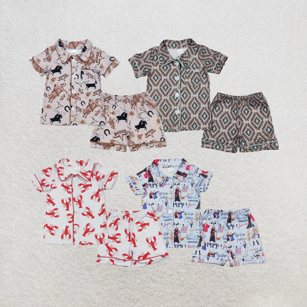 RTS NO MOQ Sibling Baby Boys Grey Rodeo Horse Shirt Buttons Top Shorts Pajamas Clothes Sets