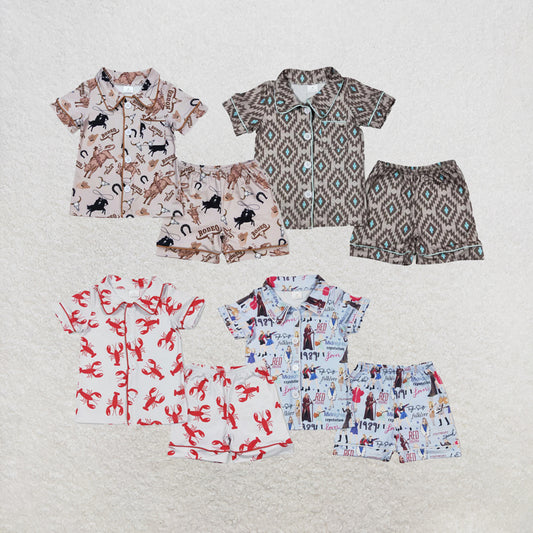 RTS NO MOQ Sibling Baby Boys Grey Rodeo Horse Shirt Buttons Top Shorts Pajamas Clothes Sets