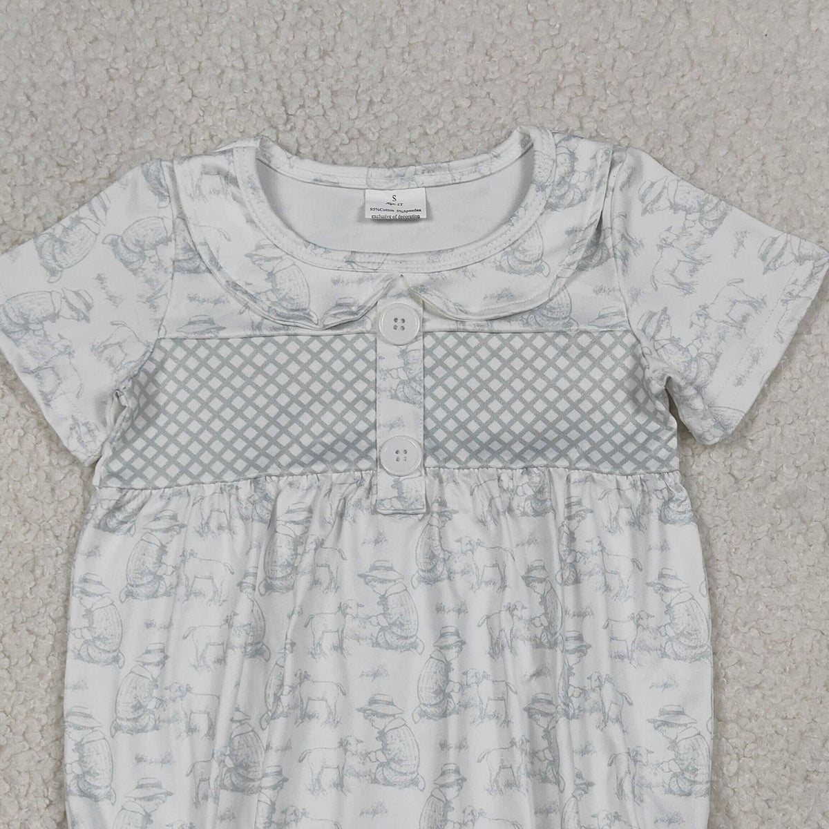 RTS NO MOQ SR3569 Baby Kids Farm Sheep Short Sleeve Rompers with Button Collar Cute Animal Print