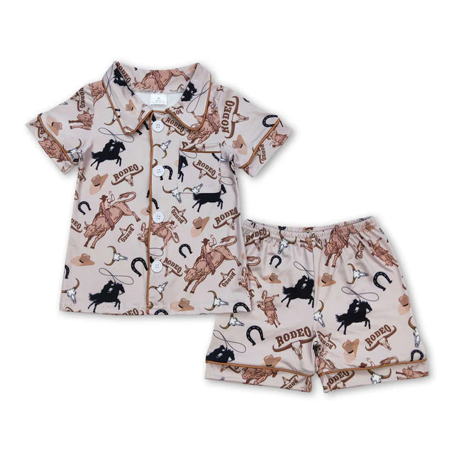 RTS NO MOQ Sibling Baby Boys Grey Rodeo Horse Shirt Buttons Top Shorts Pajamas Clothes Sets