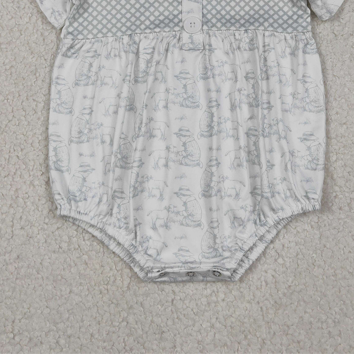 RTS NO MOQ SR3569 Baby Kids Farm Sheep Short Sleeve Rompers with Button Collar Cute Animal Print