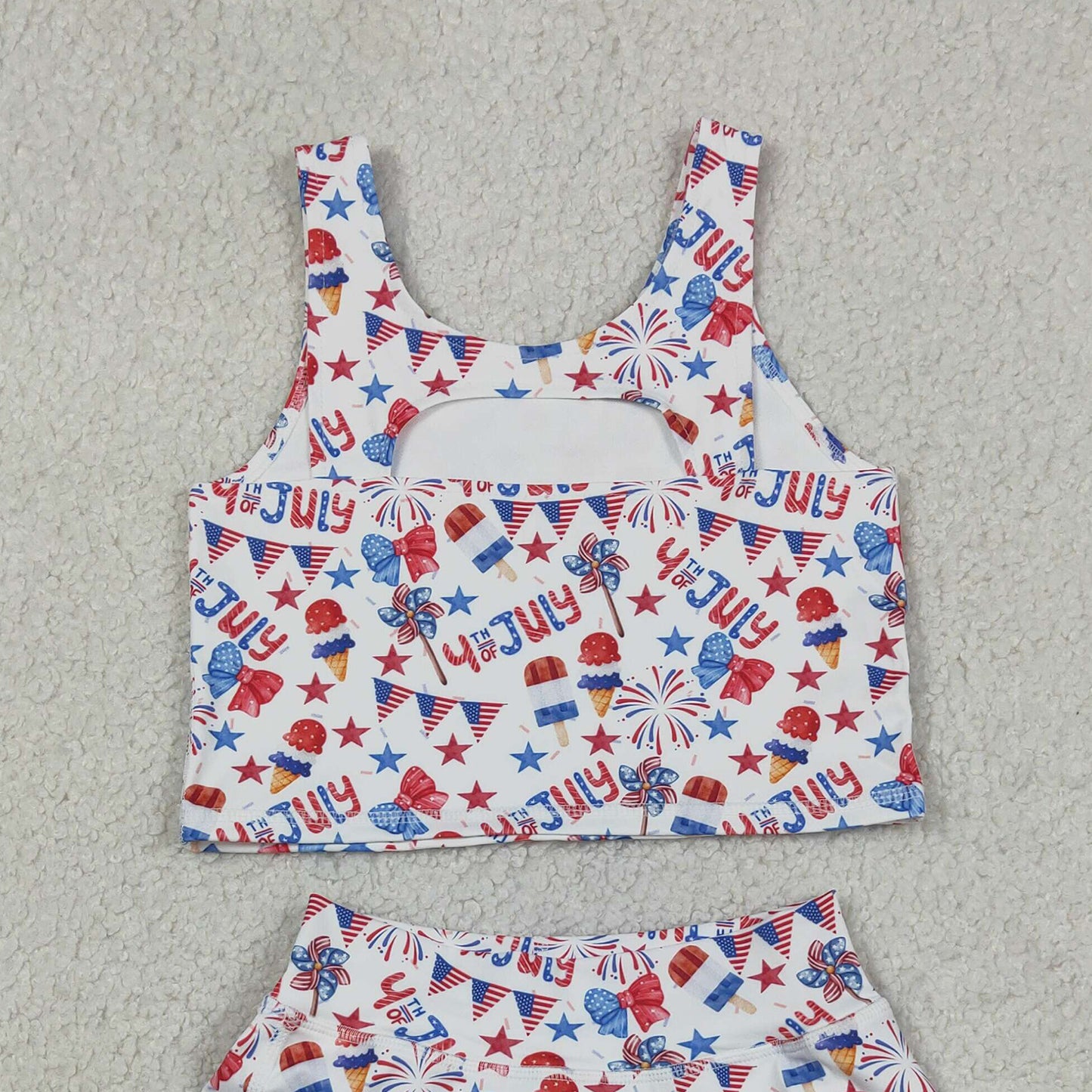 RTS NO MOQ GSD3498 yoga fabric Baby Girls 4th of July Popsicle Star Bow Active Clothes Set