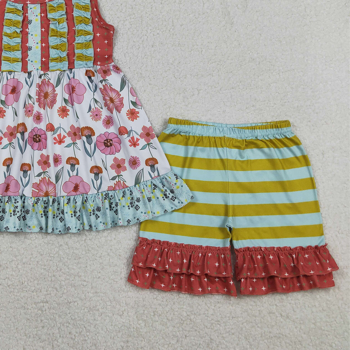 RTS NO MOQ GSSO3740 Baby Girls Sleeveless Tunic with Flowers Stripe Ruffle Short Clothes Set Cute Outfit for Little Girls（2T-10-12T）