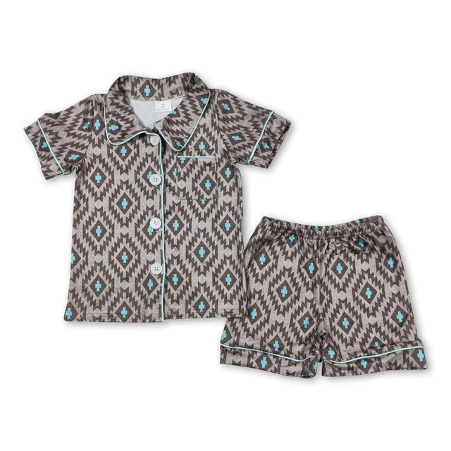 RTS NO MOQ Sibling Baby Boys Grey Rodeo Horse Shirt Buttons Top Shorts Pajamas Clothes Sets