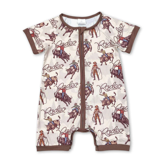 RTS NO MOQ Sibling Baby Boys Western Horse Short Sleeve Zip Rompers
