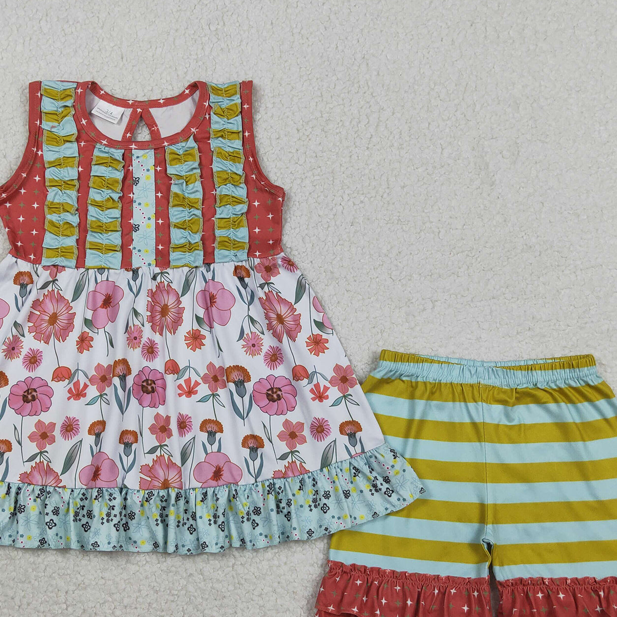 RTS NO MOQ GSSO3740 Baby Girls Sleeveless Tunic with Flowers Stripe Ruffle Short Clothes Set Cute Outfit for Little Girls（2T-10-12T）