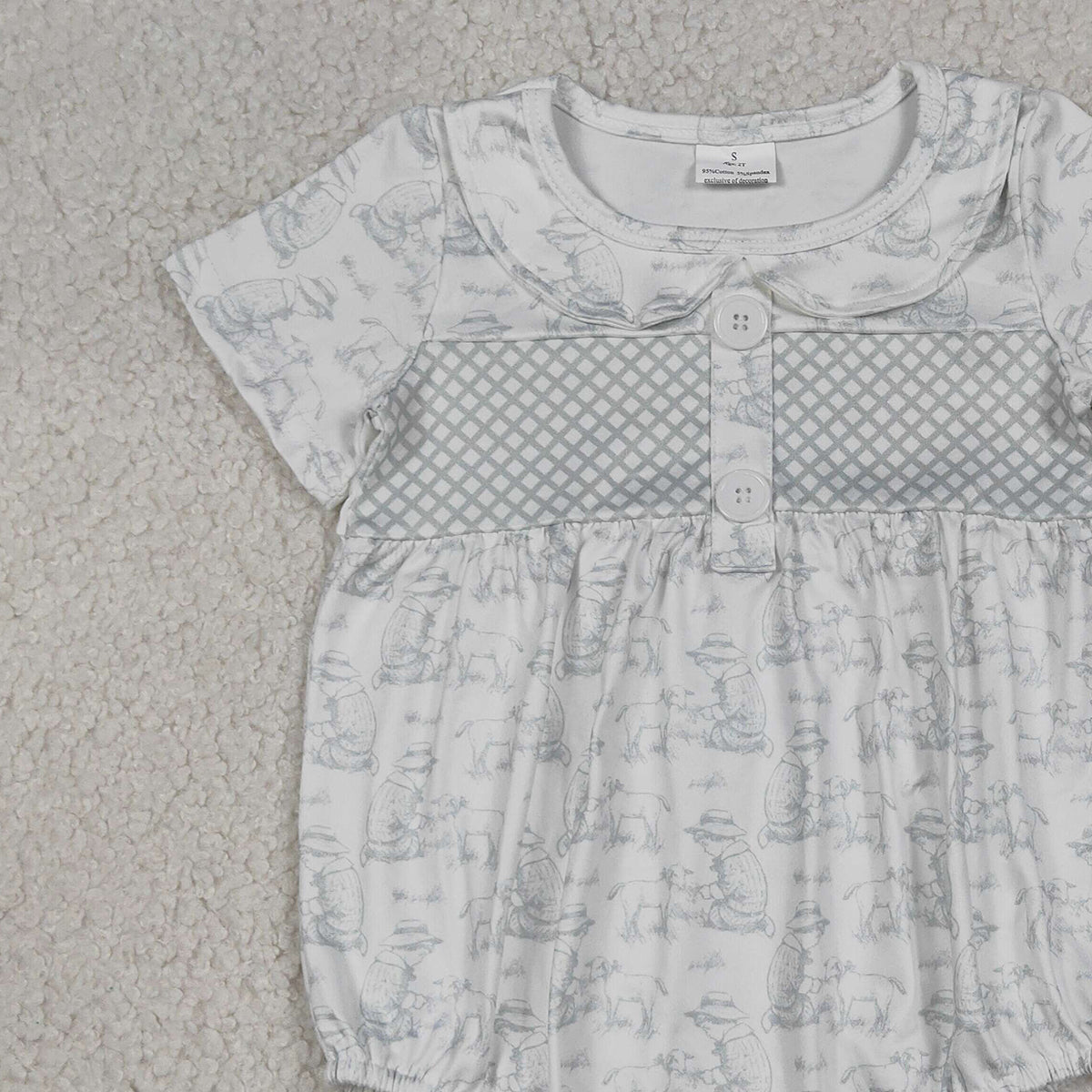 RTS NO MOQ SR3569 Baby Kids Farm Sheep Short Sleeve Rompers with Button Collar Cute Animal Print