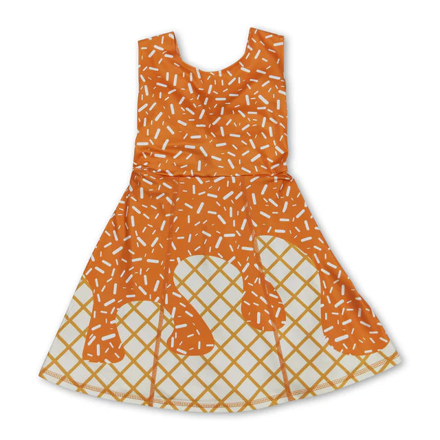 RTS NO MOQ Sibling Baby Girls Ice-cream Drip Sprinkles Yoga Skort Knee Length Dresses