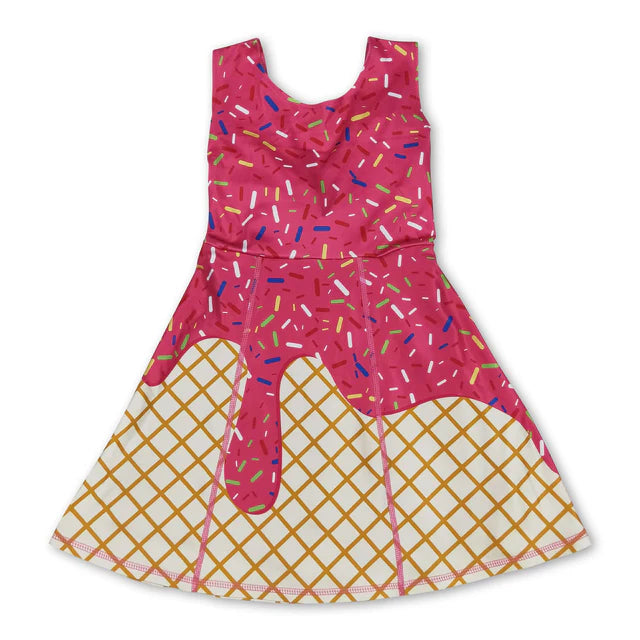 RTS NO MOQ Sibling Baby Girls Ice-cream Drip Sprinkles Yoga Skort Knee Length Dresses