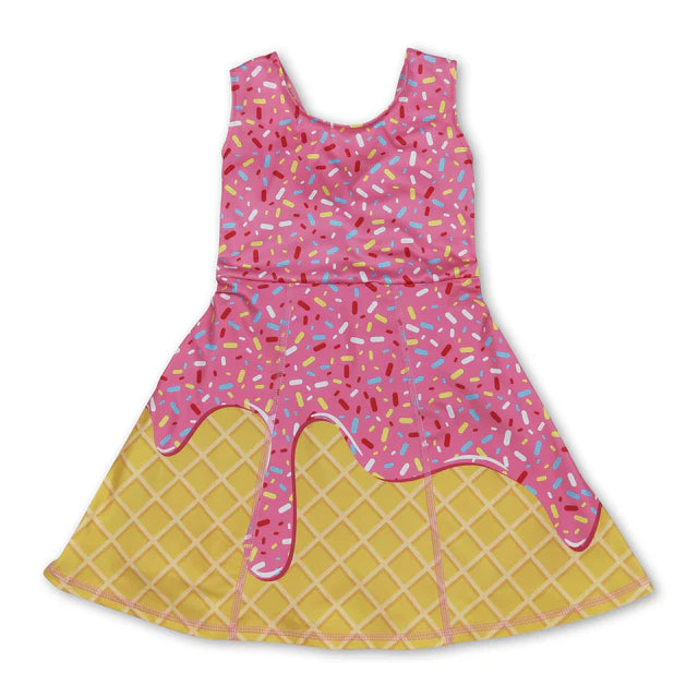 RTS NO MOQ Sibling Baby Girls Ice-cream Drip Sprinkles Yoga Skort Knee Length Dresses