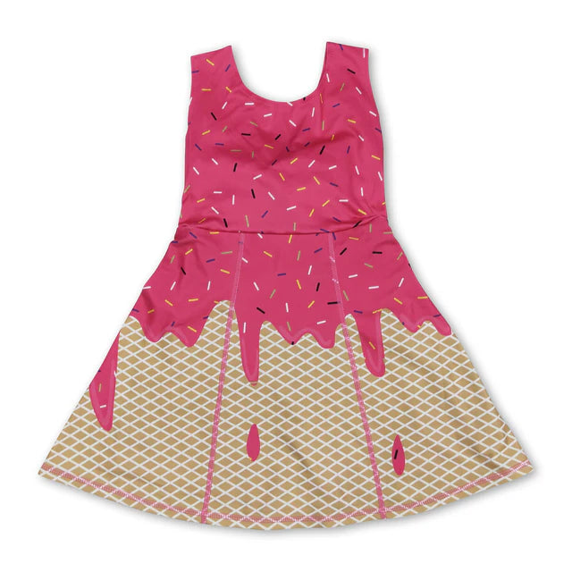 RTS NO MOQ Sibling Baby Girls Ice-cream Drip Sprinkles Yoga Skort Knee Length Dresses