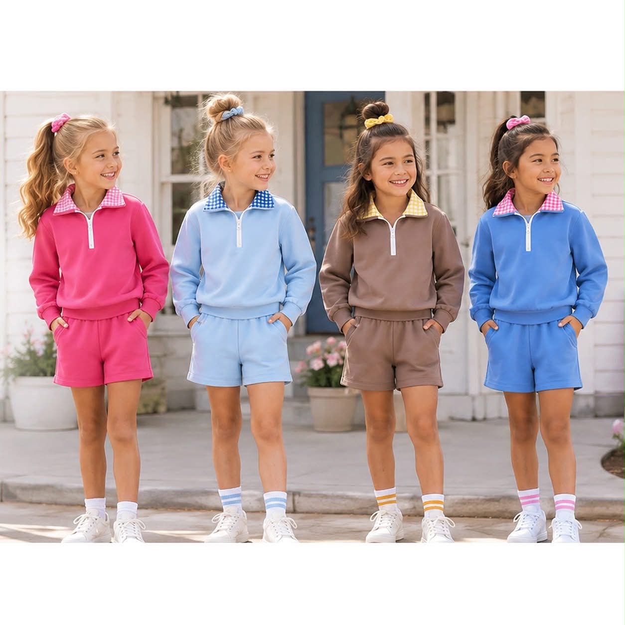 (Preorder new) No moq Baby Girls Solid Color Long Sleeve Zip Pullovers Pockets Short Clothes Set