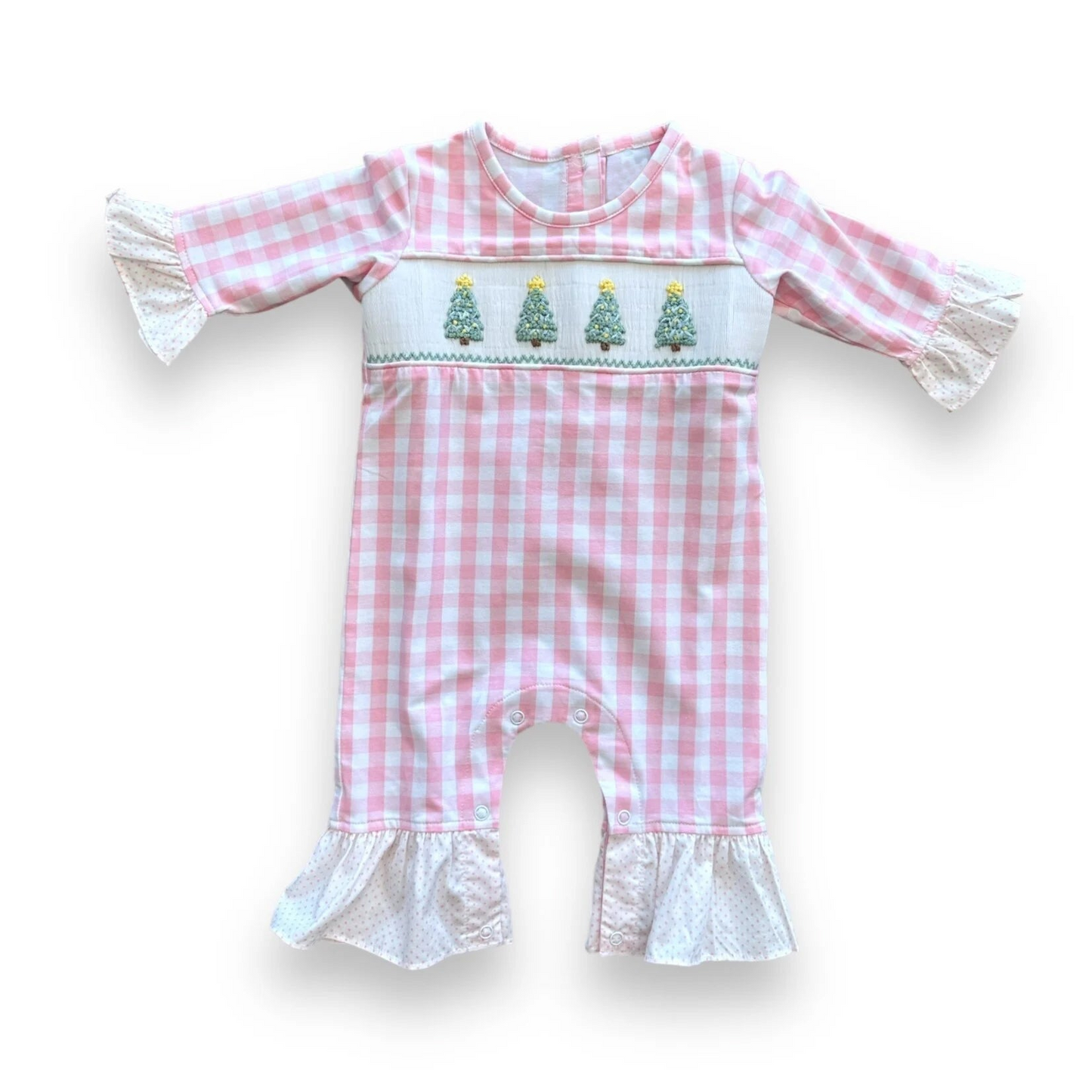 Deadline  September 24 custom no moq eta 6-8weeks Plush embroidered Christmas tree pink plaid long-sleeved romper