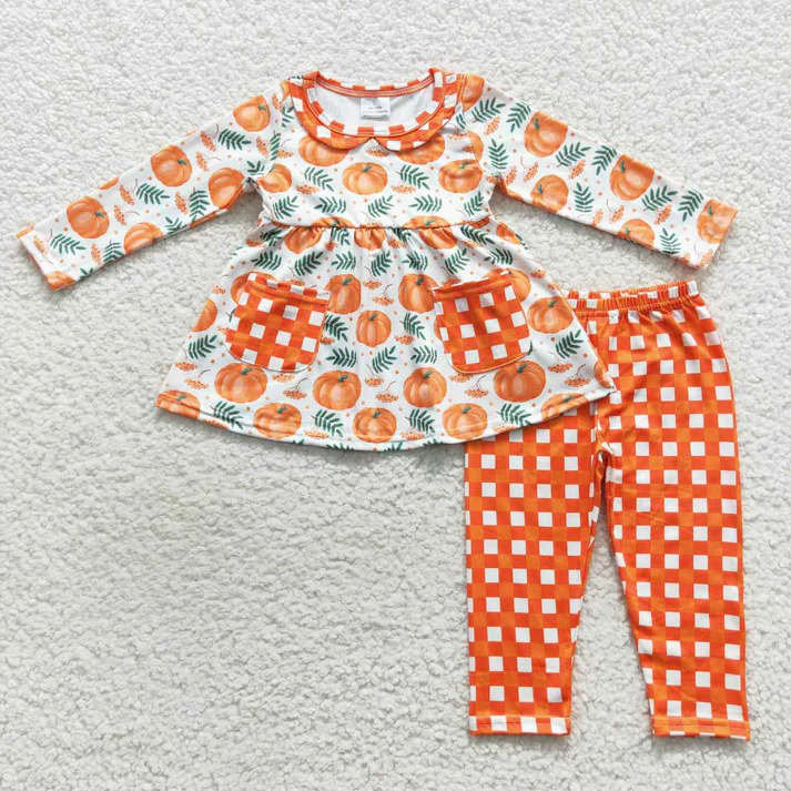 RTS NO MOQ Sibling baby girl clothes halloween pumpkin bow long sleeve pants Sets