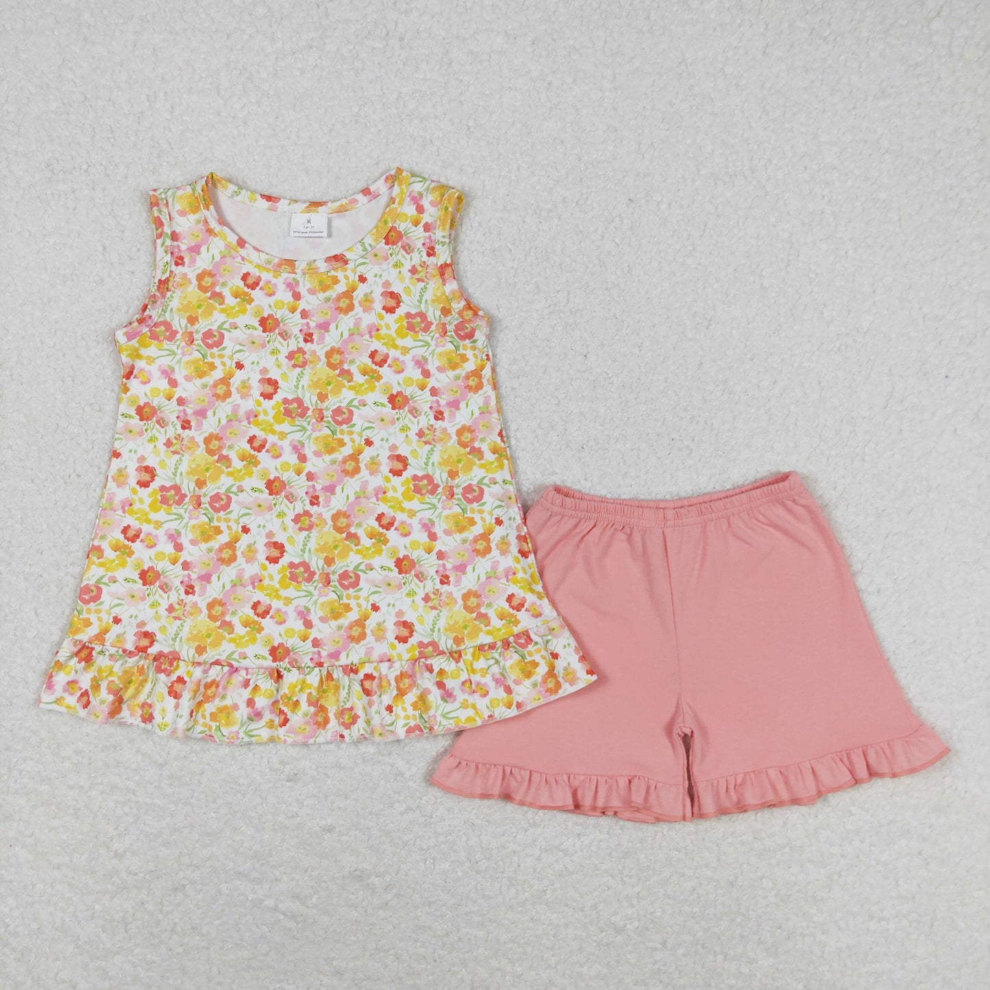 rts no moq GSSO1135 Yellow-orange floral sleeveless pink shorts suit