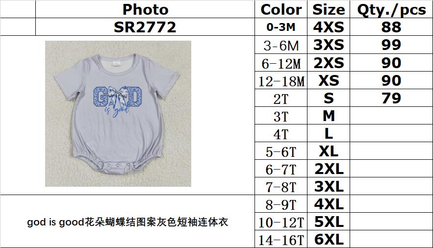 RTS NO MOQ SR2772 god is good flower bow pattern gray short-sleeved jumpsuit