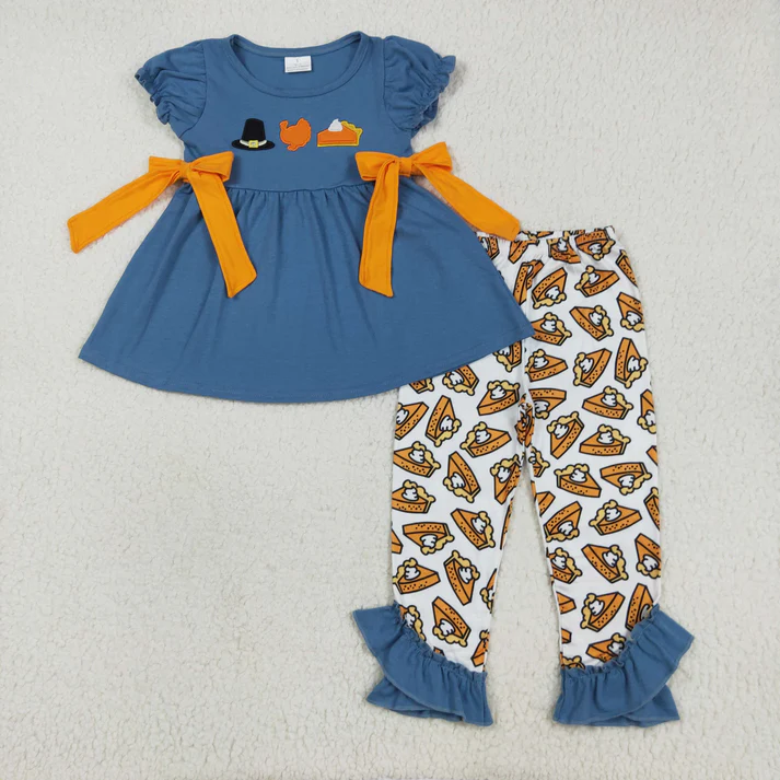 RTS NO MOQ Sibling Baby girls clothes embroidery turkey short-sleeved trousers suits