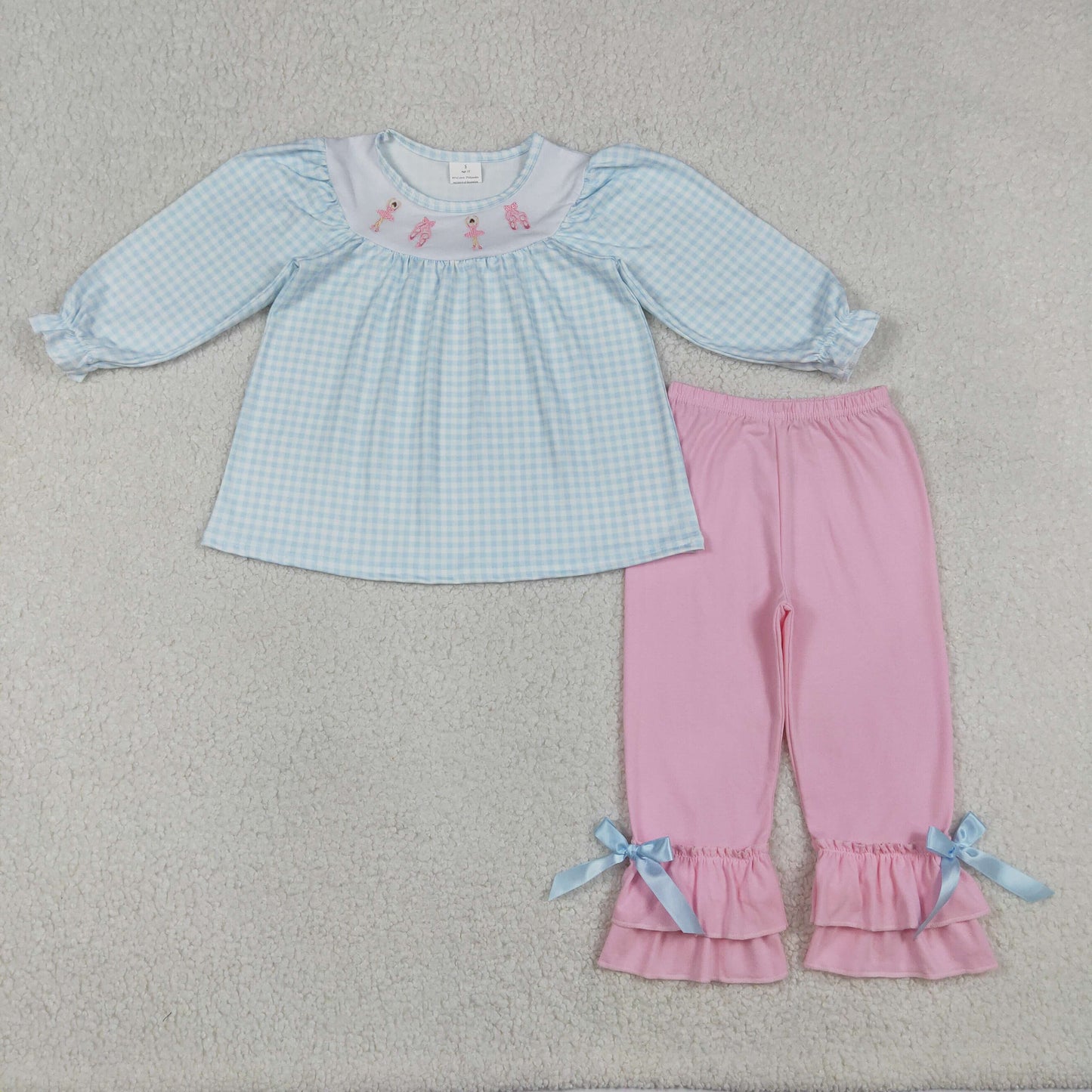 RTS NO MOQ（In Stock) Embroidered Ballet Flats Blue and White Check Long-Sleeved Pink Pants Set