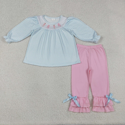 RTS NO MOQ（In Stock) Embroidered Ballet Flats Blue and White Check Long-Sleeved Pink Pants Set