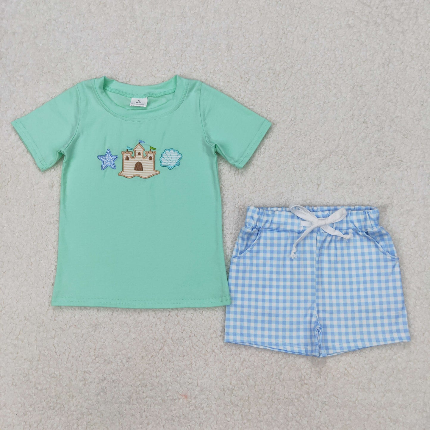 RTS NO MOQ ETA 5/7days Arrived BSSO1266 Embroidered starfish Dream shell blue short-sleeved plaid shorts set