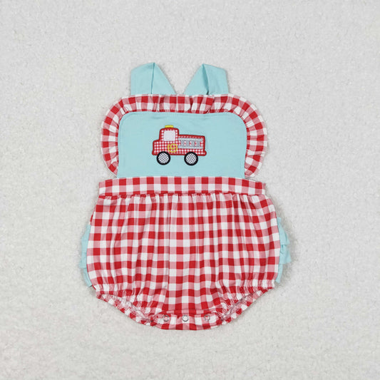RTS no moq SR0958 Embroidered fire engine red plaid blue lace vest jumpsuit