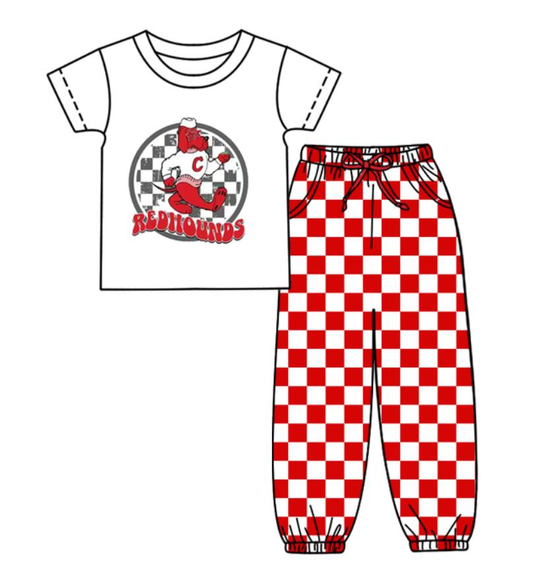 Custom summer teams baby boy clothes team red plaid short sleeve pants sets-25.8.22