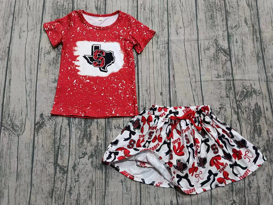 Custom moq 3 eta 6-7weeks baby girl clothes team red short sleeve shorts skirt sets-25.9.9