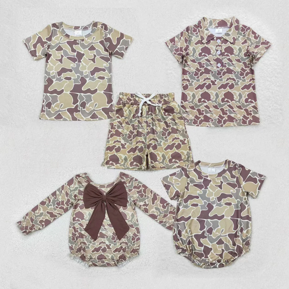 RTS NO MOQ Sibling baby girl boy clothes camouflage short sleeve top and rompers and shorts