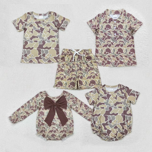 RTS NO MOQ Sibling baby girl boy clothes camouflage short sleeve top and rompers and shorts