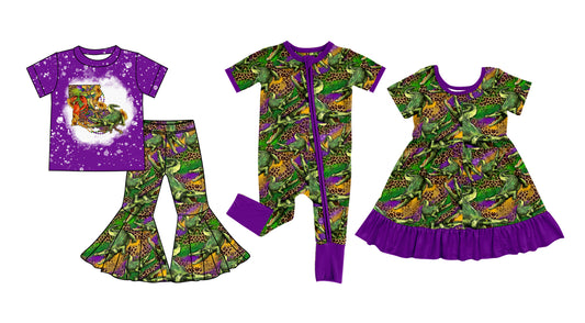12.6 custom each style moq 5eta 4-6week Sibling Sister mardi gras baby girl sets and dress and rompers match family design