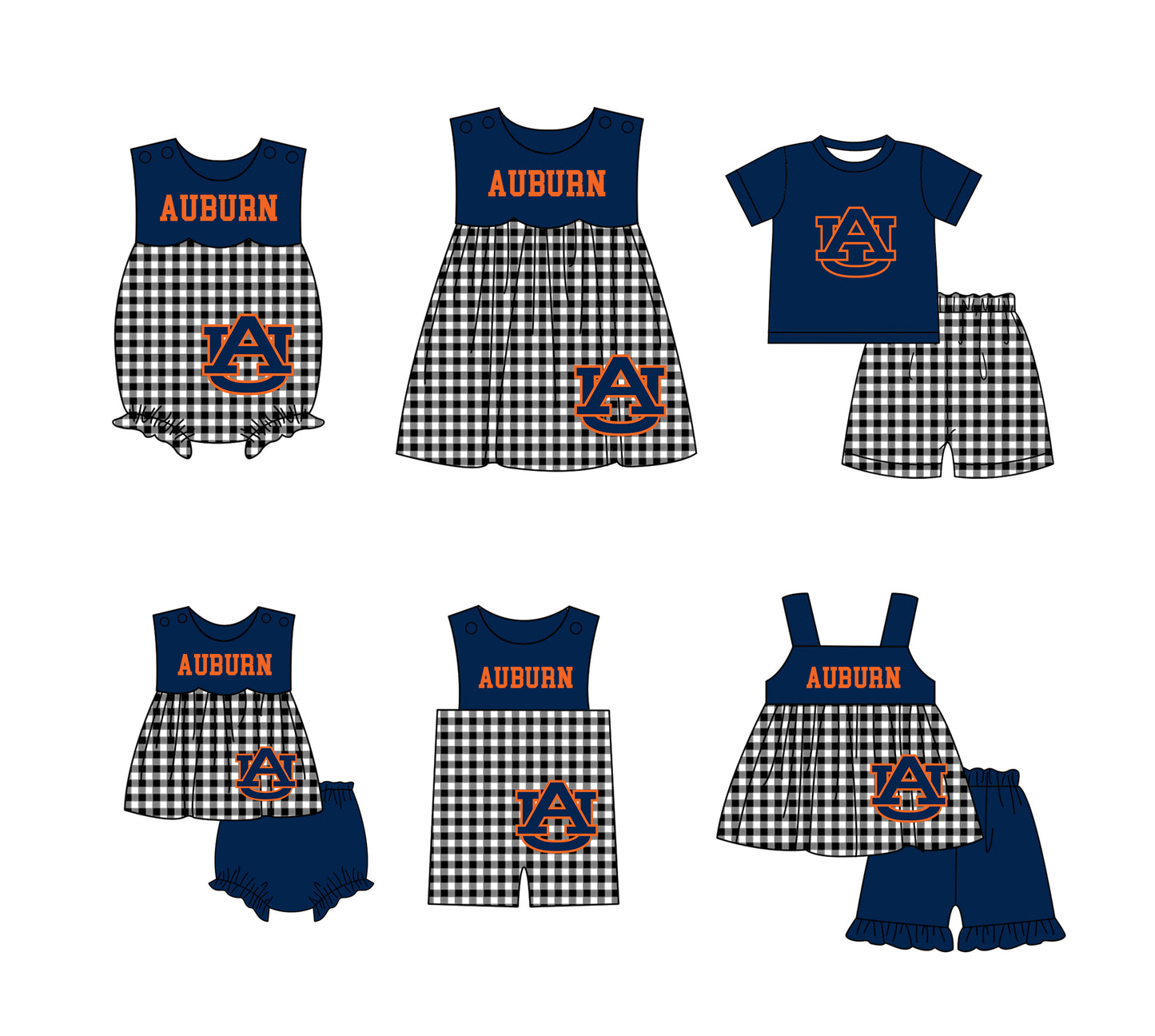 Custom moq 5 mix size milk silk summer teams baby girl boys clothes Navy Blue Black and white checkered short sleeve shorts sets 3 and dress and rompers 2 series
