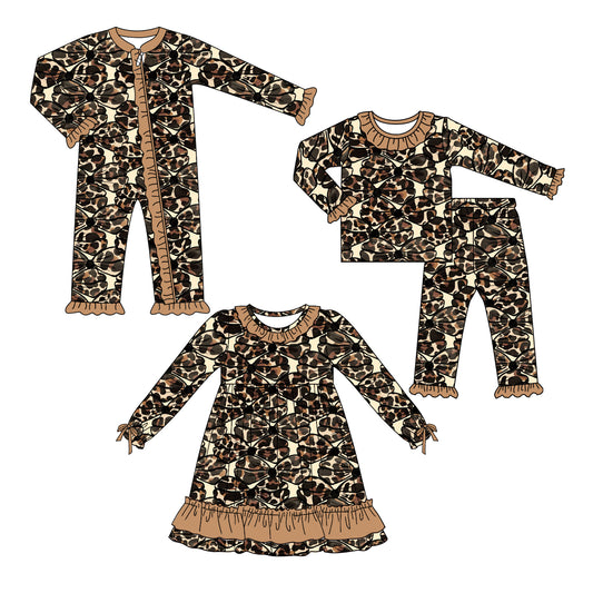 25.5.20 custom each style moq 5eta 4-6week Sibling Sisters bow leopard baby girl long sleeve pants sets and dress and rompers match family design