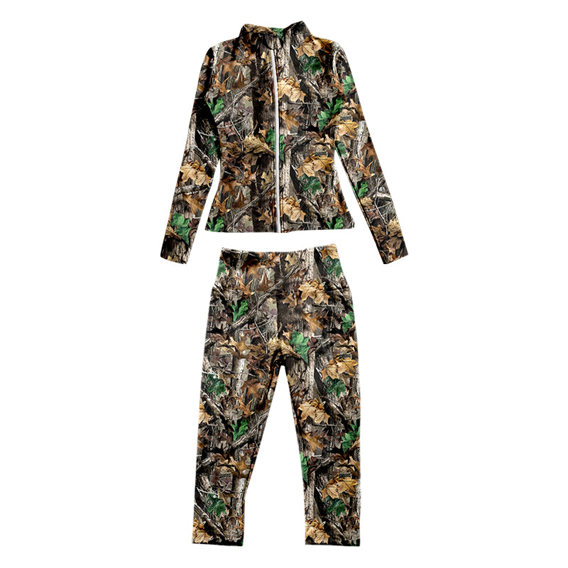 7.3 custom each style moq 5eta 4-6week baby girls clothes camouflage branch Yoga Suit Zipper Long Sleeve Pants Set