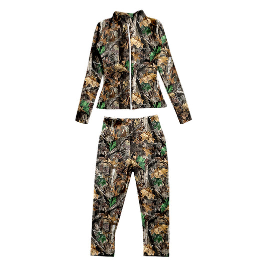 7.3 custom each style moq 5eta 4-6week baby girls clothes camouflage branch Yoga Suit Zipper Long Sleeve Pants Set