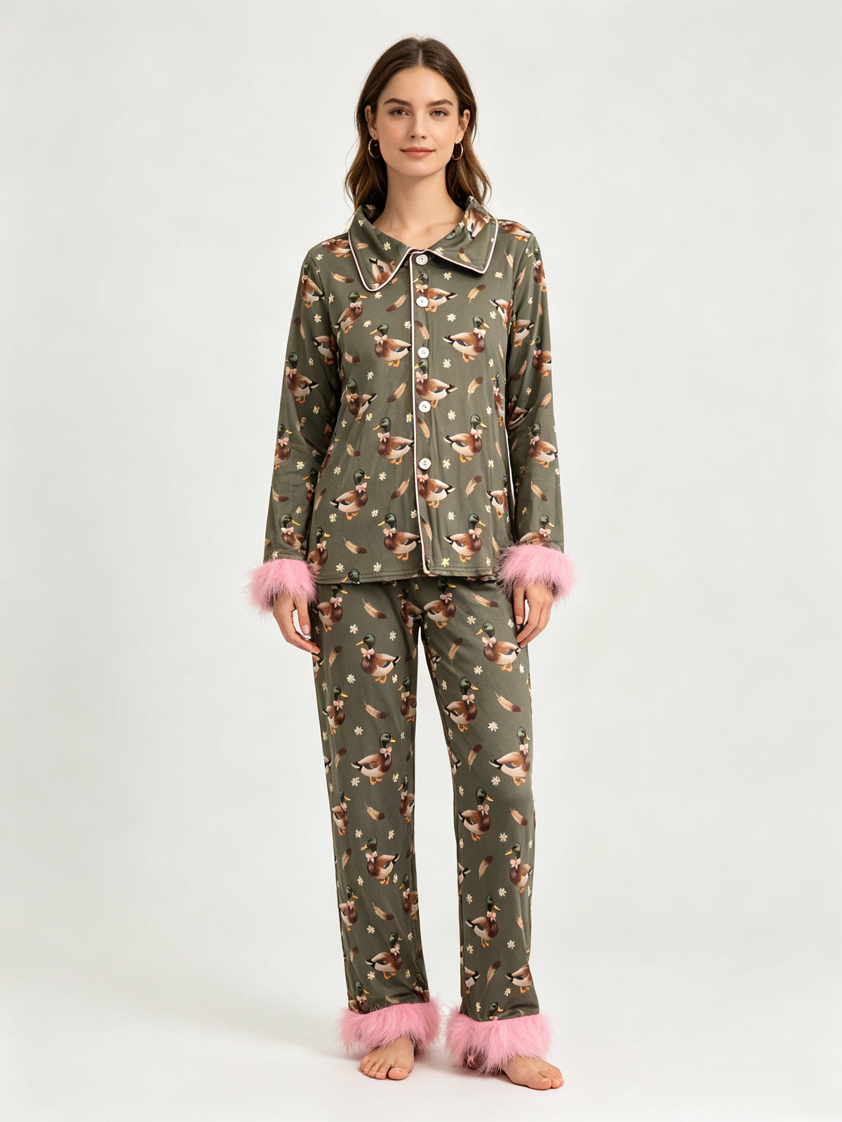(Sample) No moq milk silk GLP3628 Adult Women Ducks Flowers Button Top Pant Fur Sleeves Pajamas Set Fall Outfit