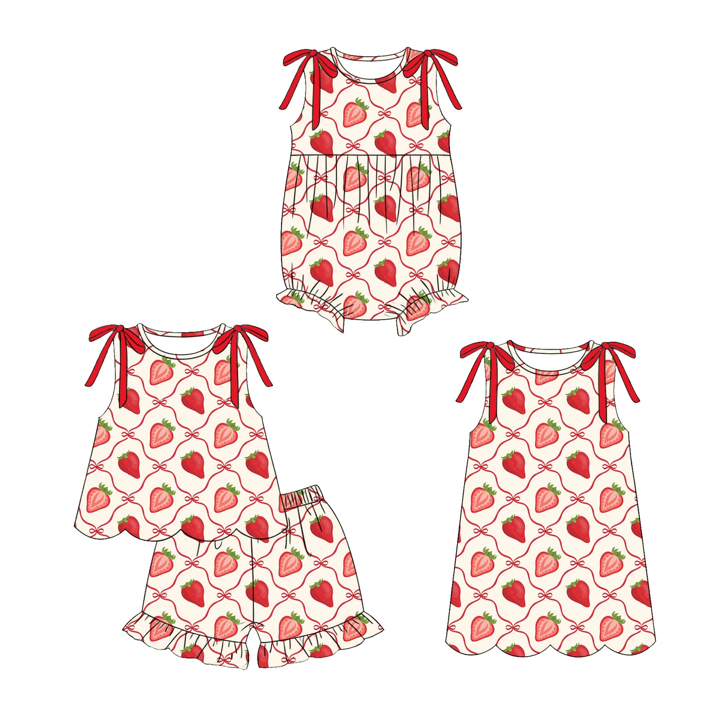 4.6 Custom moq 5 mix size Sibling Baby Girl's Strawberry Sleeveless Top And Short Set Cute Romper Dress for Summer