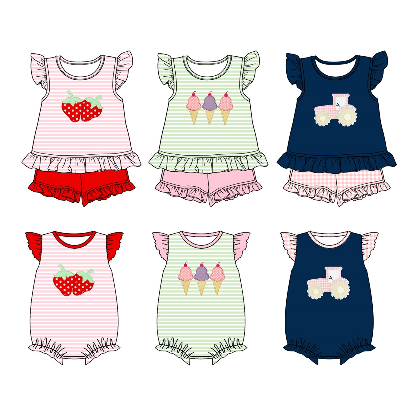 26.1.21 custom each style moq 5 eta 6-8 week Sibling Sister baby girl short sleeve shorts sets 3 and romper 3 match family design
