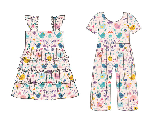 25.10.22 custom each style moq 5 eta 6-8week Sibling Sisters floral hen baby girl long sleeve dress and jumpsuit match family design