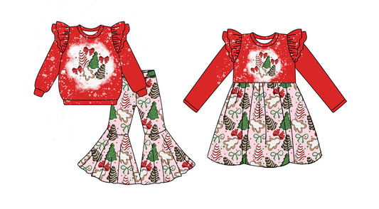 25.9.1 custom each style moq 5eta 4-6week Sibling Sisters Christmas bow red baby girl long sleeve pants sets and dress match family design