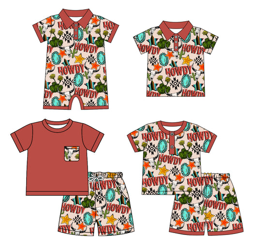 4.8 custom each style moq 5eta 4-6week Sibling Sister HOWDY baby boy sets 1 and sets 2 and boy rompers and top match family design